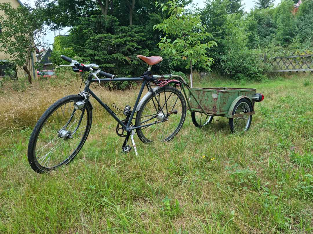 Mein Rad steht mit angehängten Mopedanhänger auf einer Wiese